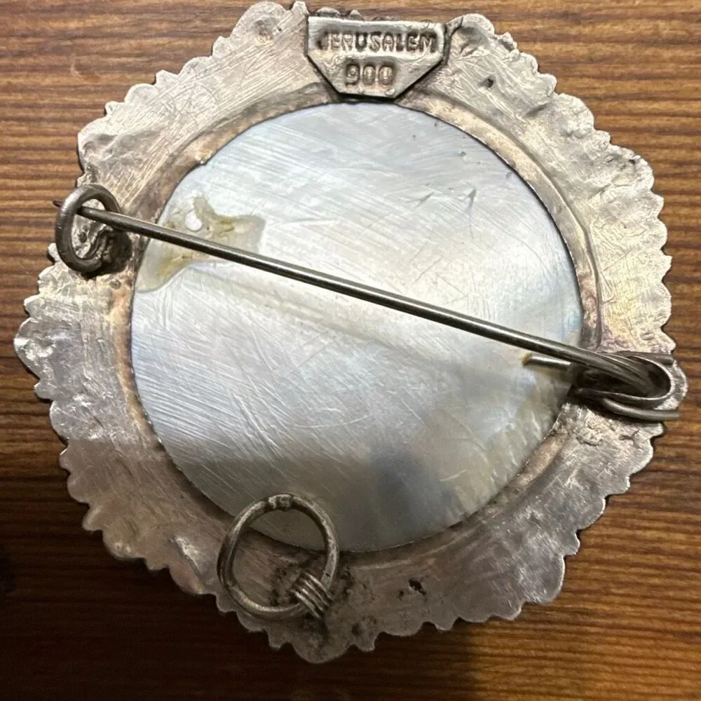 Vintage Jerusalem Silver MOP Filigree Mother of Pearl Brooch Pin Necklace 11.89g